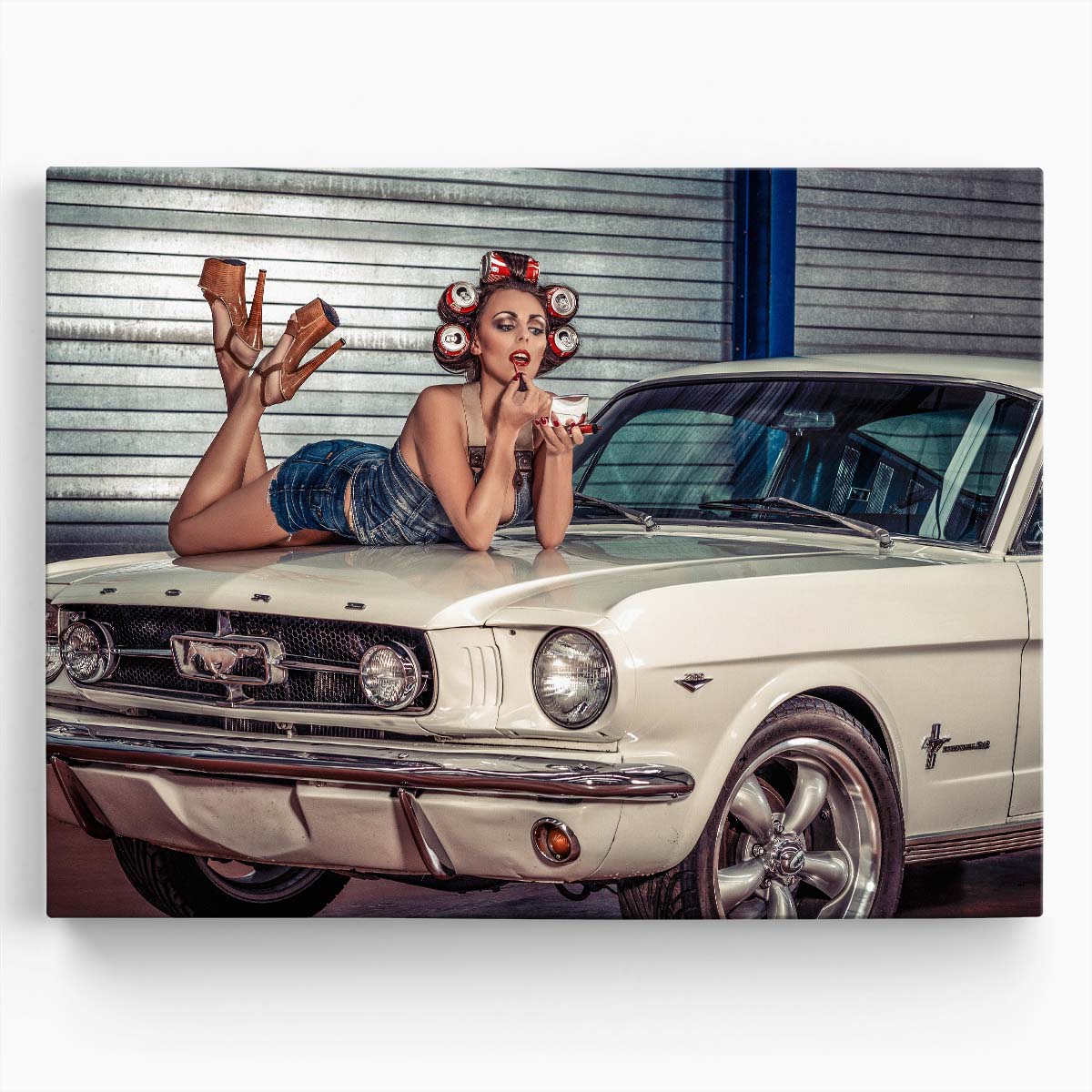 Vintage Pin-Up Girl on Classic Mustang Photography Wall Art by Luxuriance Designs. Made in USA.