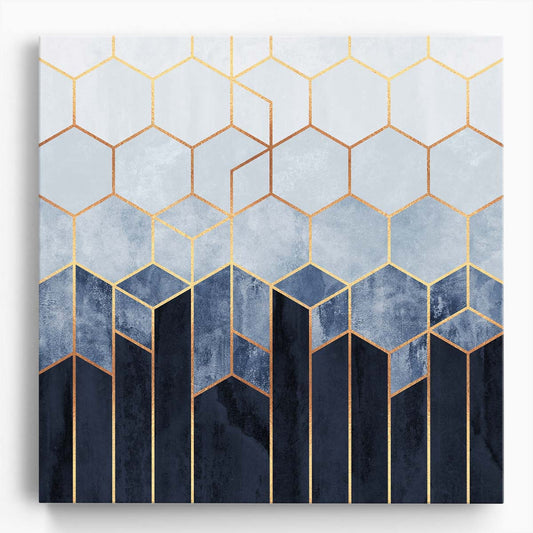 Blue and Gold Geometric Hexagon Abstract Wall Art Print by Luxuriance Designs. Made in USA.