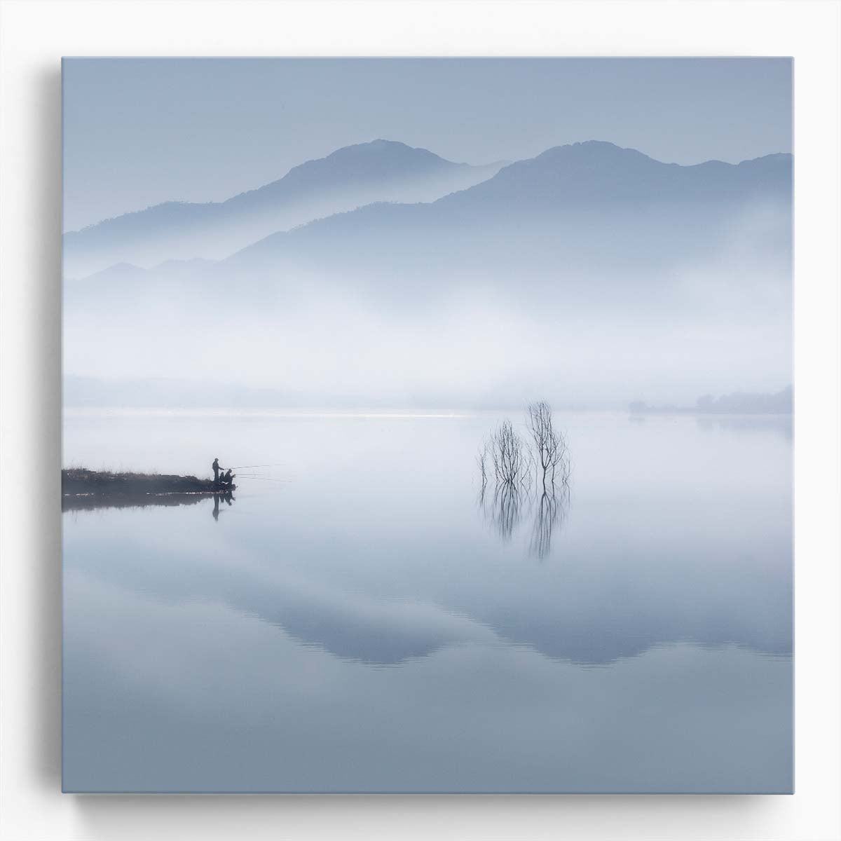 Serene Misty Lake Fishing Pastel Landscape Photography Wall Art by Luxuriance Designs. Made in USA.