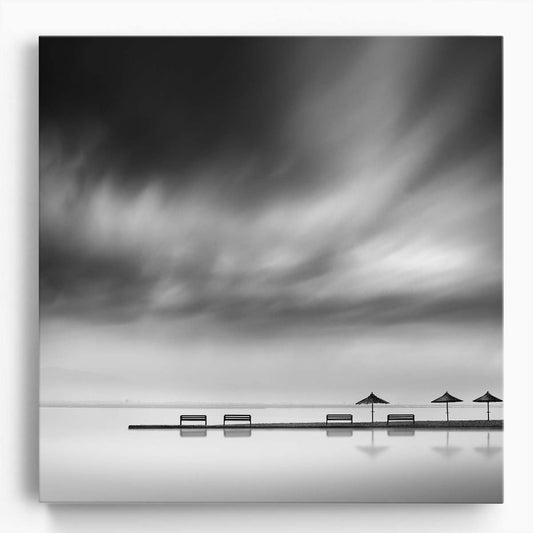 Monochrome Serene Beach Landscape with Benches & Umbrellas Wall Art by Luxuriance Designs. Made in USA.