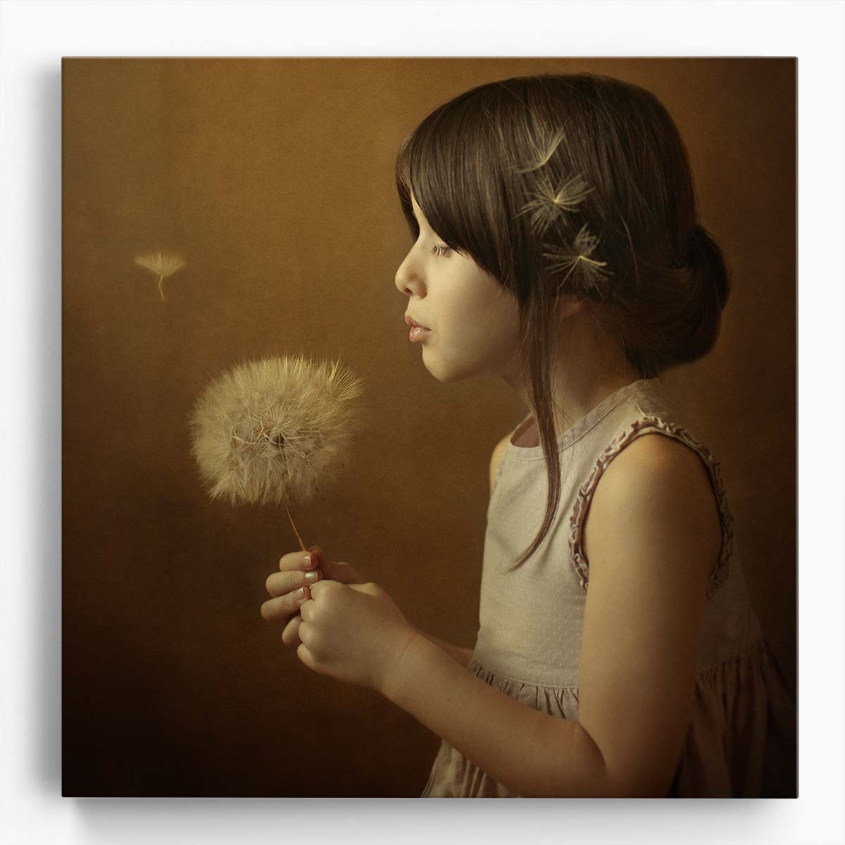 Autumn Serenity Girl Blowing Dandelion Sepia Portrait Wall Art by Luxuriance Designs. Made in USA.