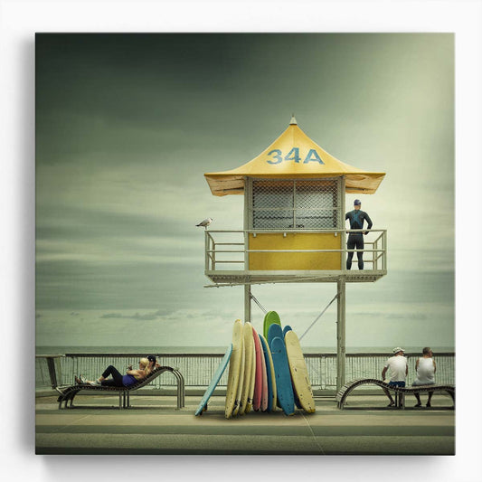 Cityscape and Surf Lifeguard Tower Beach Photography Wall Art by Luxuriance Designs. Made in USA.