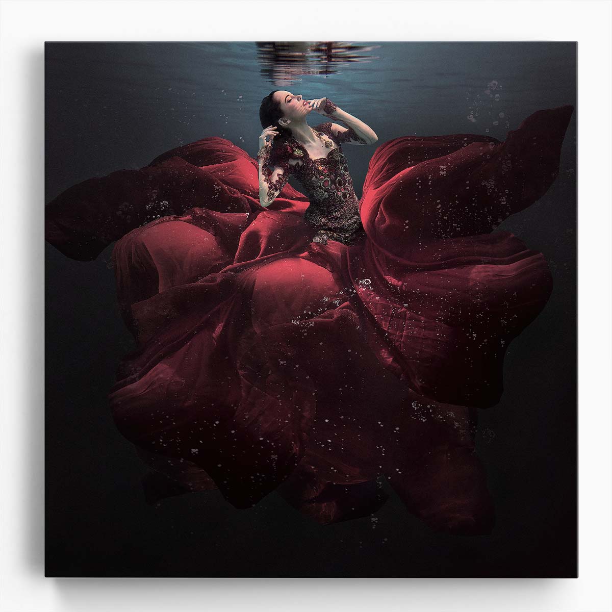 Enchanting Lady in Red with Roses Underwater Photography Wall Art by Luxuriance Designs. Made in USA.