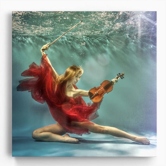 Enchanting Underwater Violinist Performance Romantic Art Photography Wall Art by Luxuriance Designs. Made in USA.