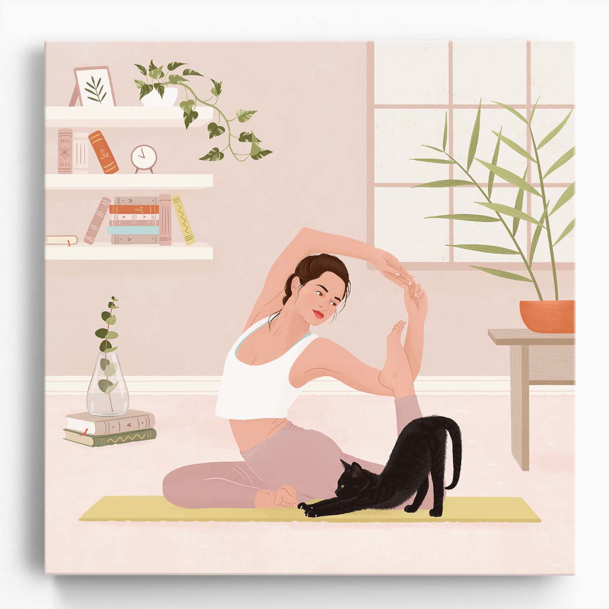 Cat and Plants Mindful Yoga Pose Illustration Wall Art by Luxuriance Designs. Made in USA.