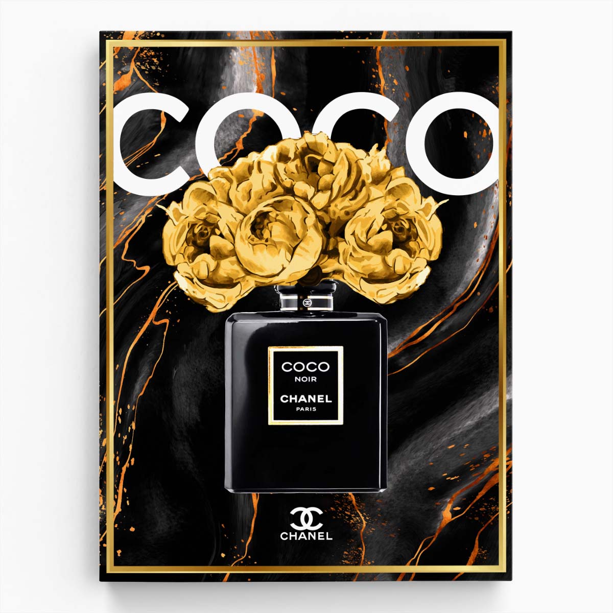 Coco Chanel Noir Perfume Black Marble Wall Art by Luxuriance Designs. Made in USA.