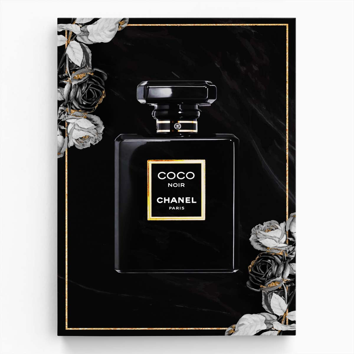 Coco Chanel Noir Perfume Dark Rose Wall Art by Luxuriance Designs. Made in USA.