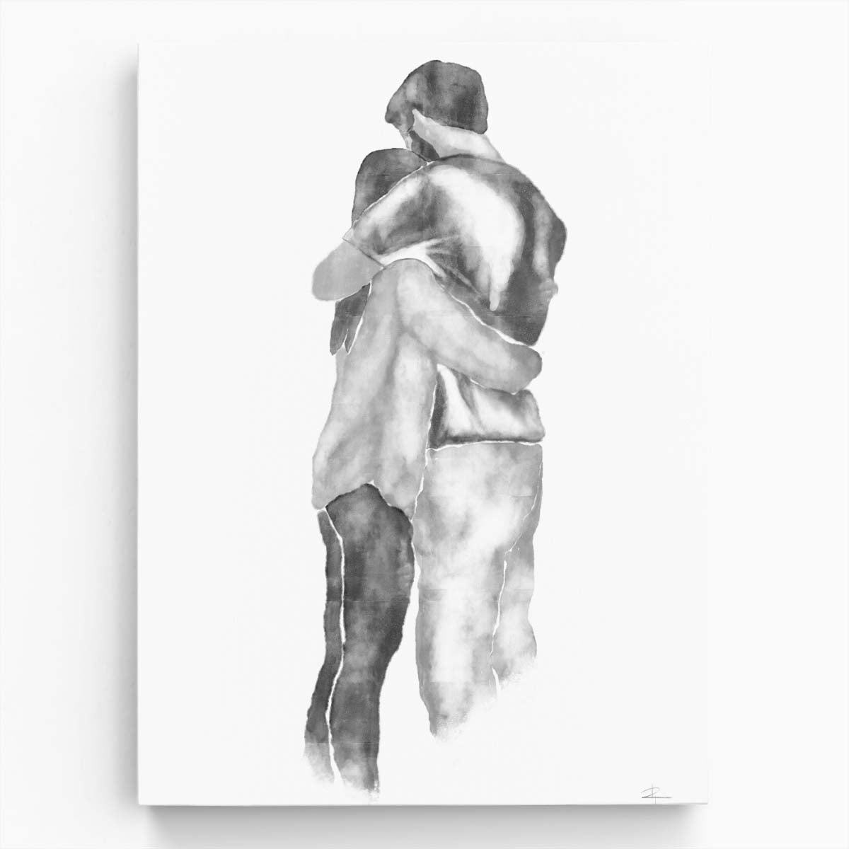 Romantic Embrace Watercolor Illustration - Monochrome Valentine's Duo Art by Luxuriance Designs, made in USA