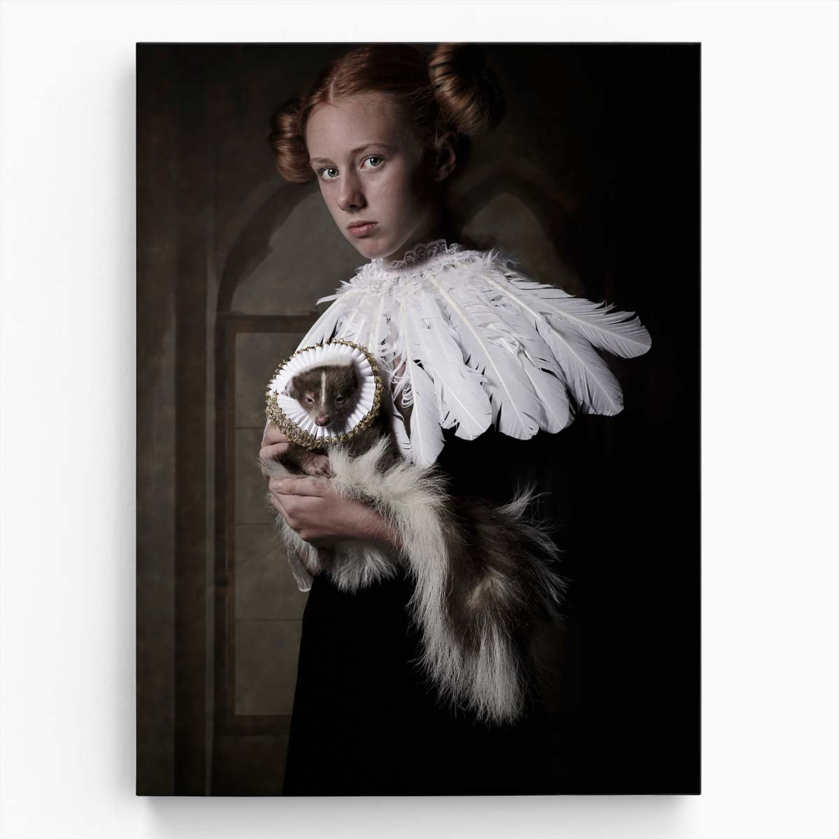 Vintage Dutch Girl Portrait with Skunk, Feathered Collar Photography Art by Luxuriance Designs, made in USA
