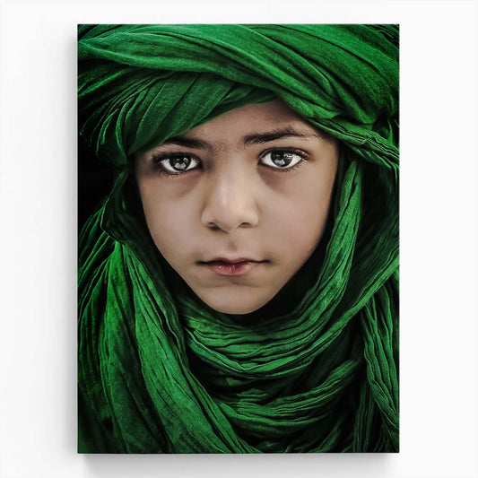 Green Turban Boy Portrait - Emotional Child Face Photography Art by Luxuriance Designs, made in USA