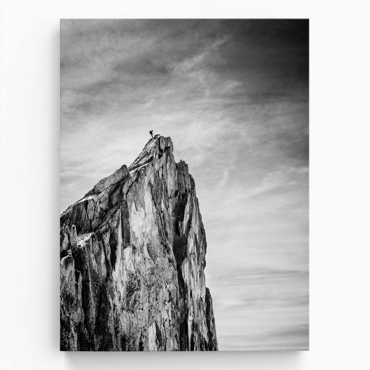 Adrenaline-Filled Mountain Climbing Adventure, Monochrome Hiker Photography Art by Luxuriance Designs, made in USA