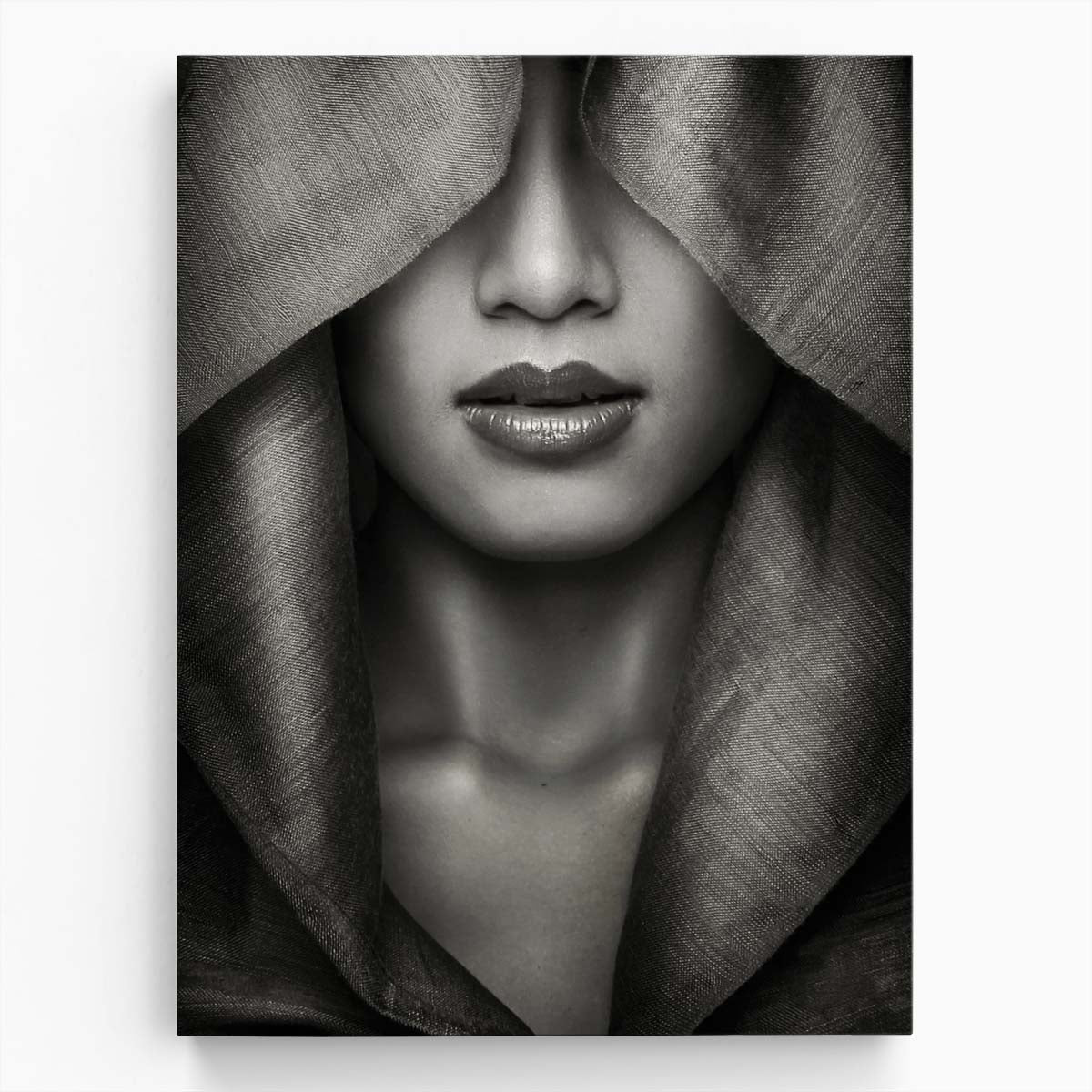 Monochrome Hooded Woman Portrait Photography Wall Art by Luxuriance Designs, made in USA