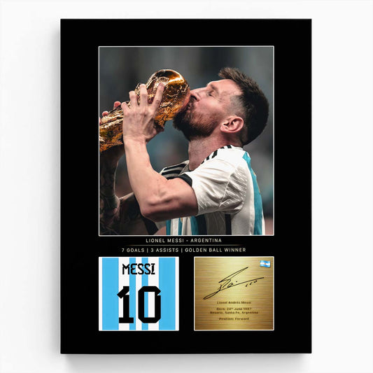 Leo Messi Kisses World Cup Trophy Signature Wall Art by Luxuriance Designs. Made in USA.