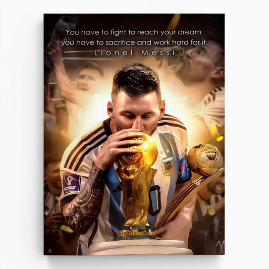 Leo Messi Kissing World Cup Trophy Wall Art by Luxuriance Designs. Made in USA.