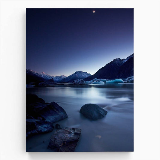 Blue Moonlit New Zealand Seascape Photography Serene Mountain and River Landscape by Luxuriance Designs, made in USA
