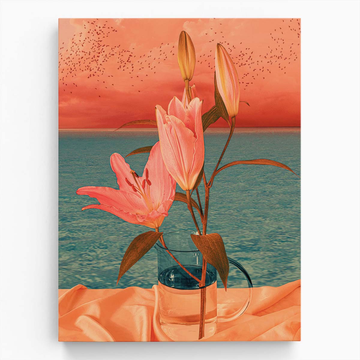 Floral Surrealism Pink Flowers with Bird in Vase Photography Art by Luxuriance Designs, made in USA