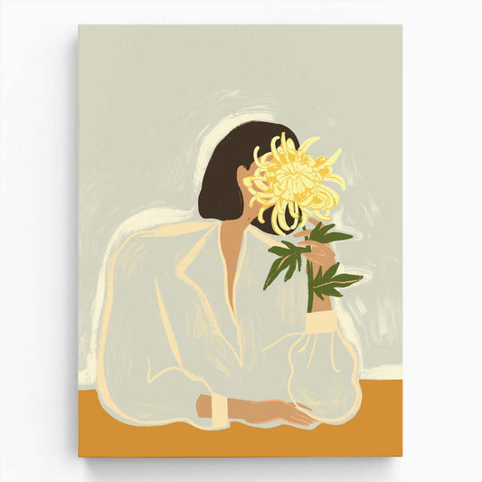 Pastel Colored Woman Sitting with Yellow Chrysanthemum Illustration by Luxuriance Designs, made in USA