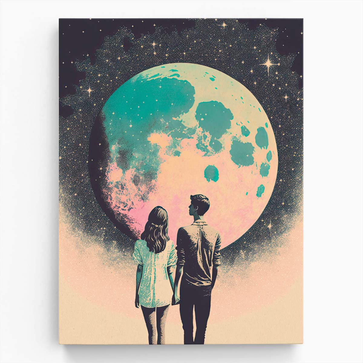 Pastel Moonlit Love Illustration Starry Night Couple Wall Art by Luxuriance Designs, made in USA