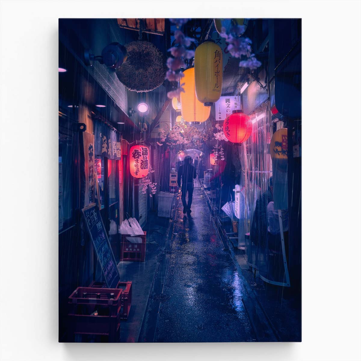 Tokyo Night Rain, Man Walking in Lantern-Lit Alley Photography by Luxuriance Designs, made in USA