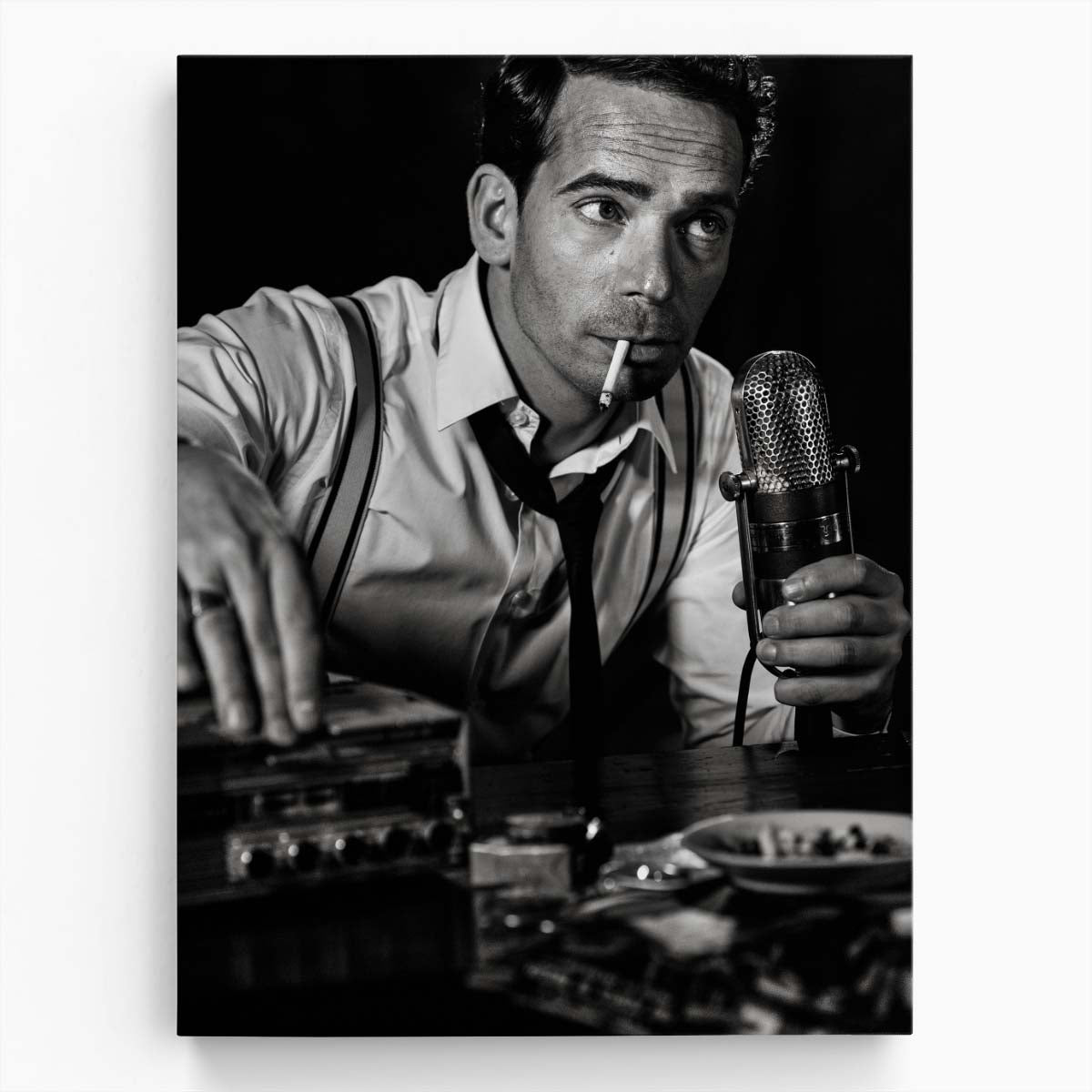 Vintage Portrait Photography of Smoking Man with Retro Microphone by Luxuriance Designs, made in USA