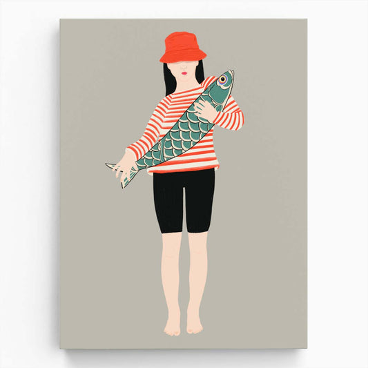 Japandi Red Illustration of Asian Girl Catching Fish, by Jota de jai by Luxuriance Designs, made in USA