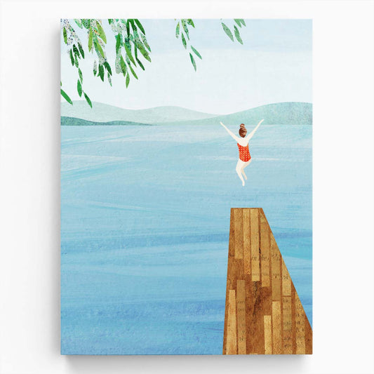 Summer Leap Colourful Illustration of Woman Jumping into Lake Annecy by Luxuriance Designs, made in USA