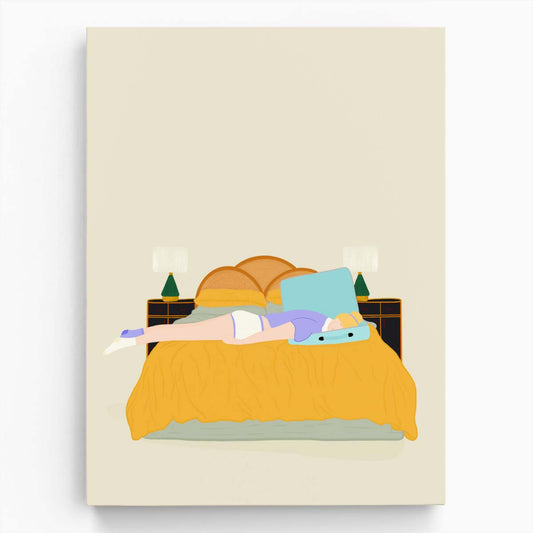 Minimalistic Funny Woman Resting Illustration, Yellow Indoor Wall Art by Luxuriance Designs, made in USA