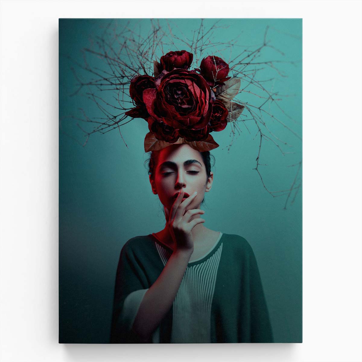 Romantic Floral Woman Portrait - Teal & Red Rose Botanical Photography by Luxuriance Designs, made in USA