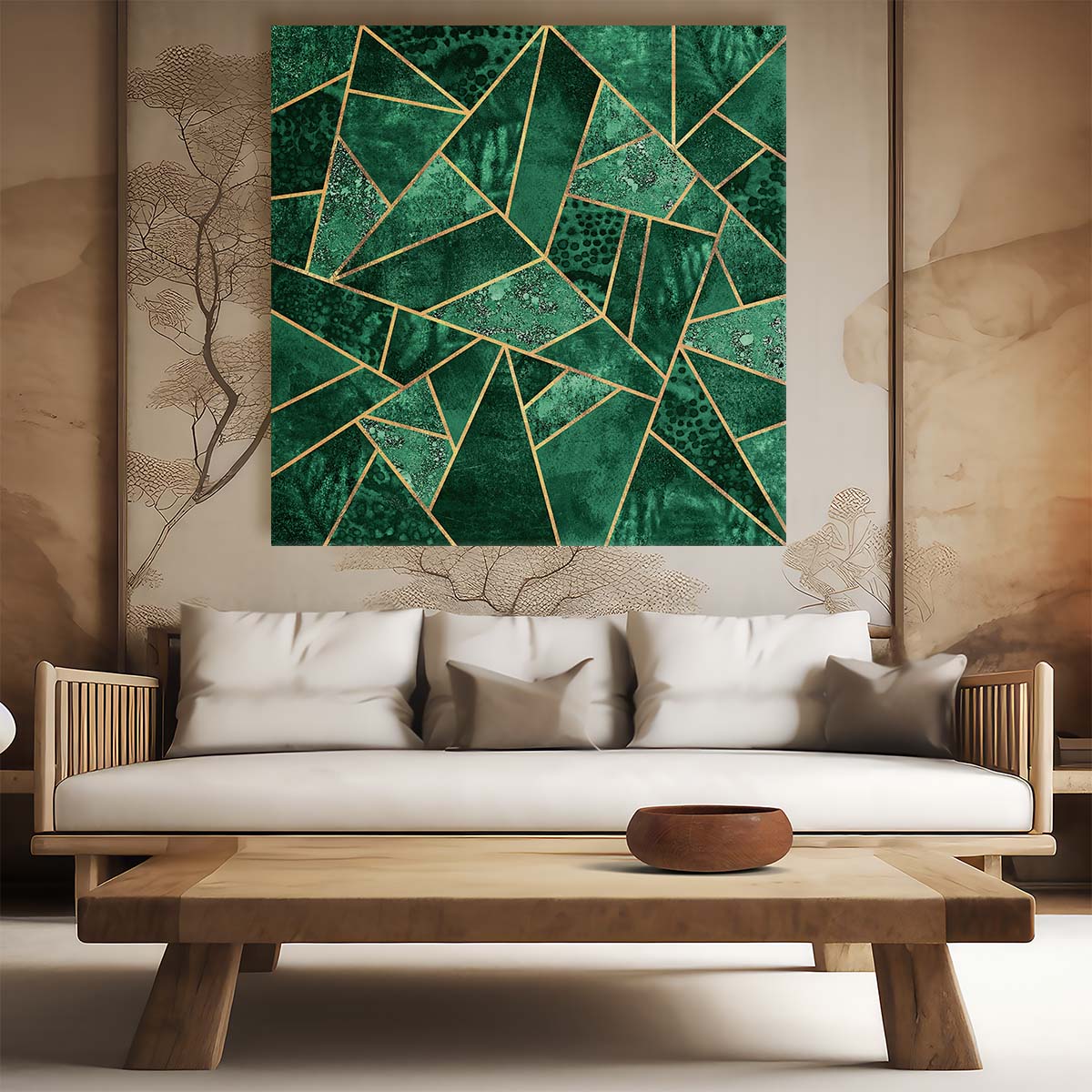 Emerald & Gold Geometric Lines Abstract Wall Art Illustration by Luxuriance Designs. Made in USA.