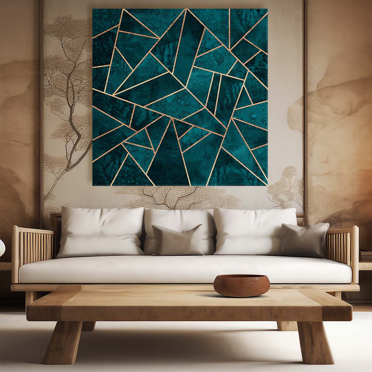 Abstract Geometric Illustration in Teal & Gold Wall Art by Luxuriance Designs. Made in USA.