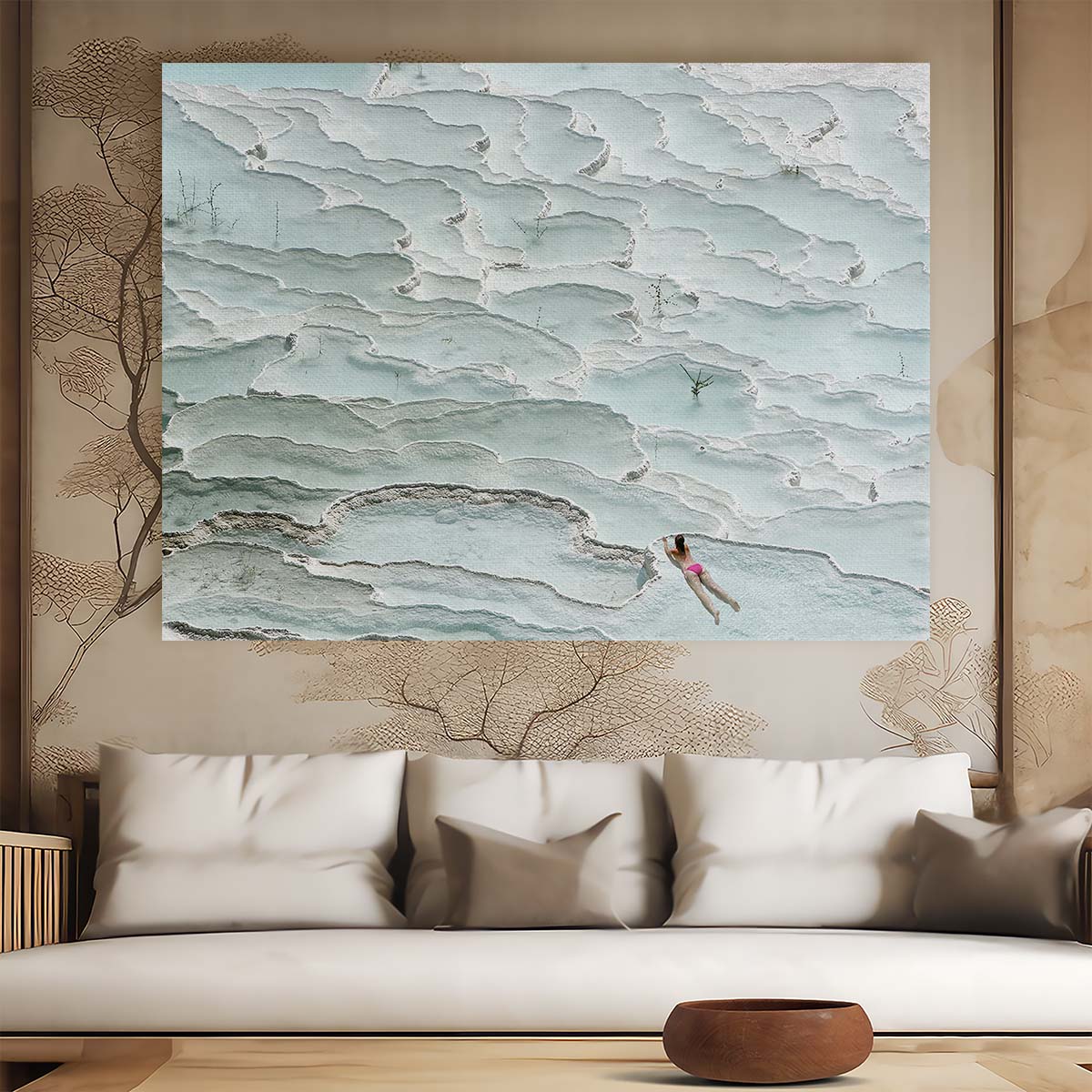 Turquoise Paradise Pool Woman Aerial View Wall Art by Luxuriance Designs. Made in USA.