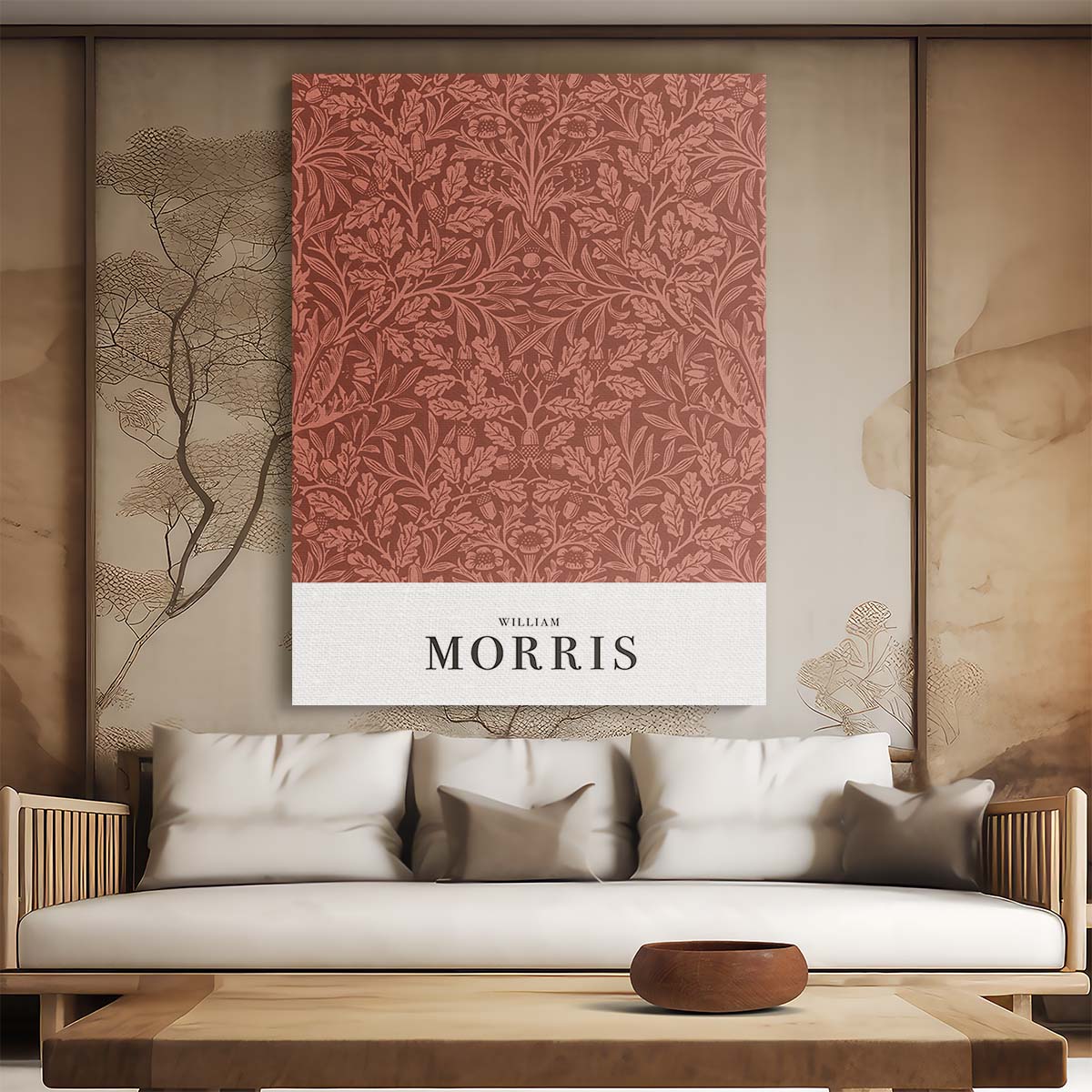 William Morris Red Acorn Oak Leaf Floral Typography Illustration Poster by Luxuriance Designs, made in USA