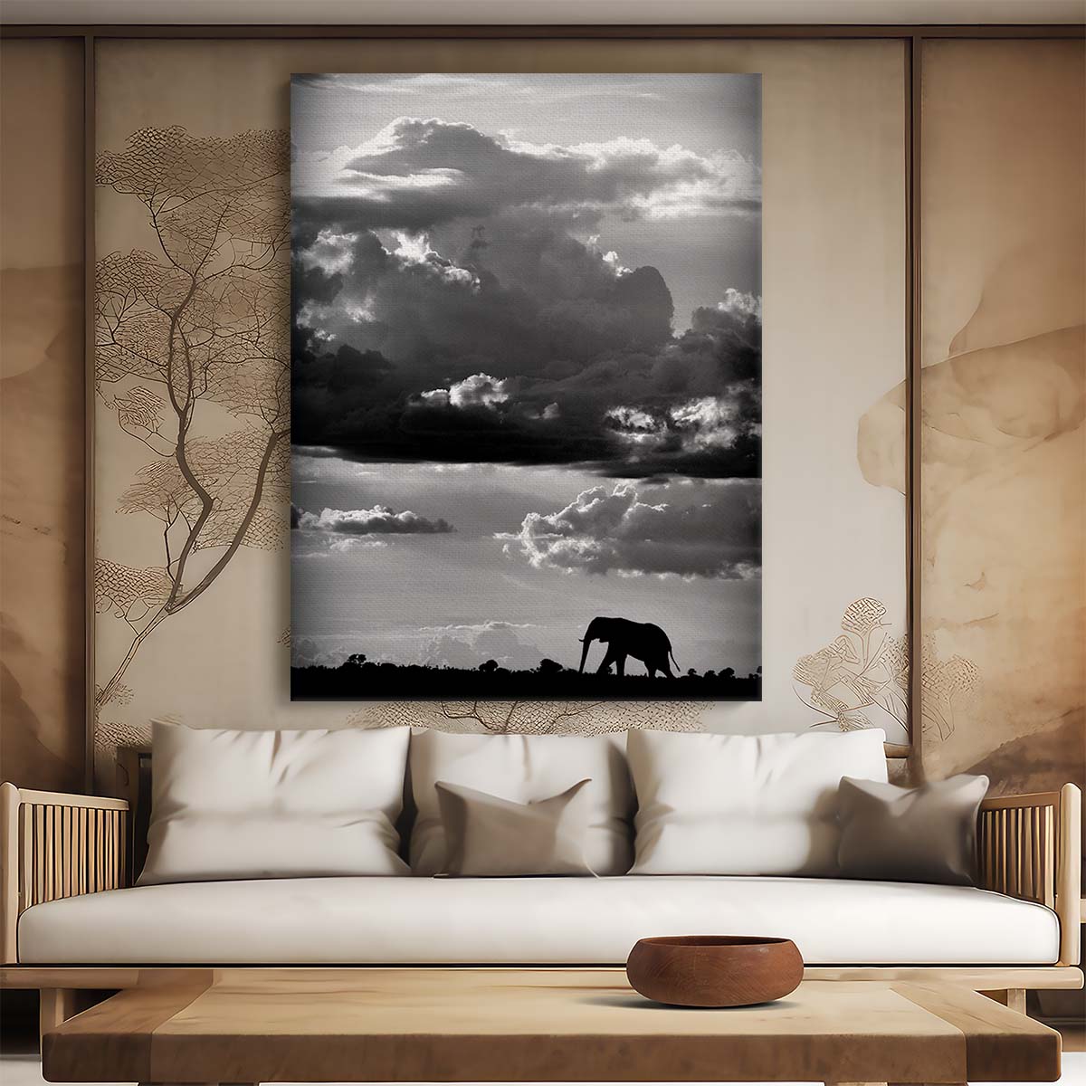 Majestic African Elephant Photography Artwork in Monochrome, Safari Wildlife Scene by Luxuriance Designs, made in USA