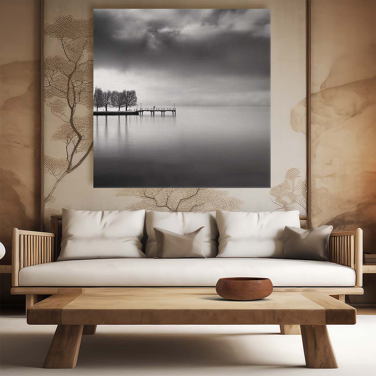 Monochrome Zen Pier Landscape Serene Lake Photography Wall Art by Luxuriance Designs. Made in USA.
