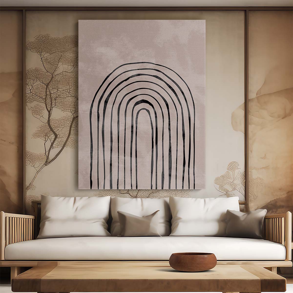 Abstract Geometric Arch Illustration - Beige Symmetrical Graphic Wall Art by Luxuriance Designs, made in USA
