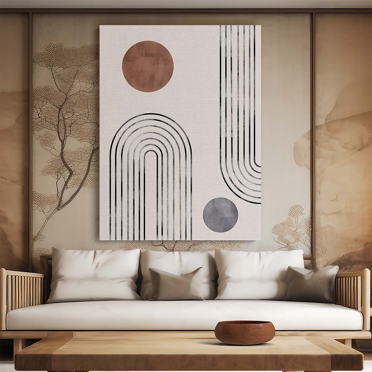 Mid-Century Beige Geometric Arch Illustration Wall Art by Luxuriance Designs, made in USA