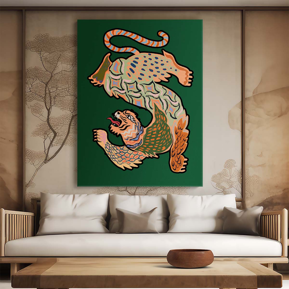 Abstract Geometric Tiger Illustration, Colorful Boho Animal Wall Art by Luxuriance Designs, made in USA
