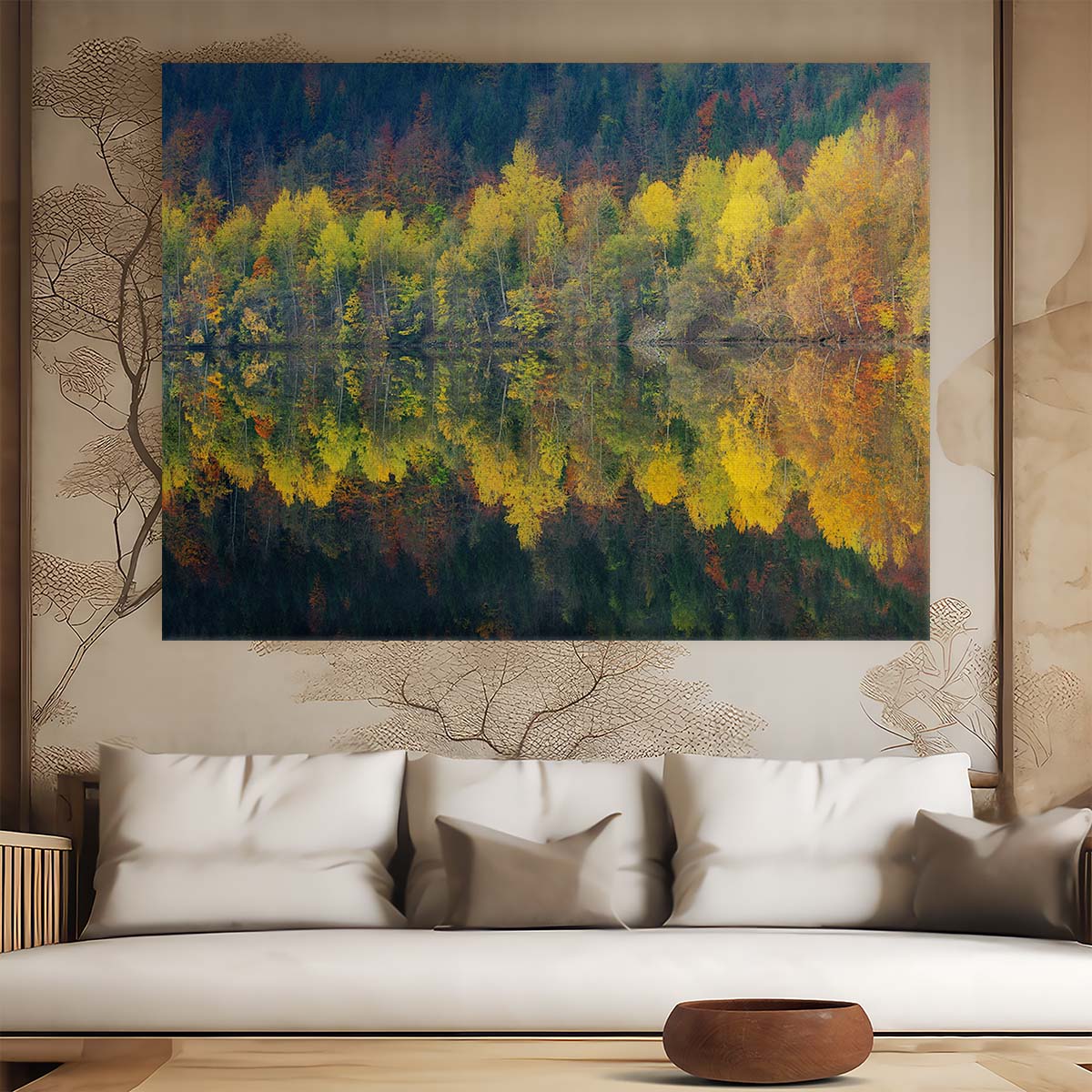 Serene Autumn Lake Reflection Panoramic Wall Art by Luxuriance Designs. Made in USA.