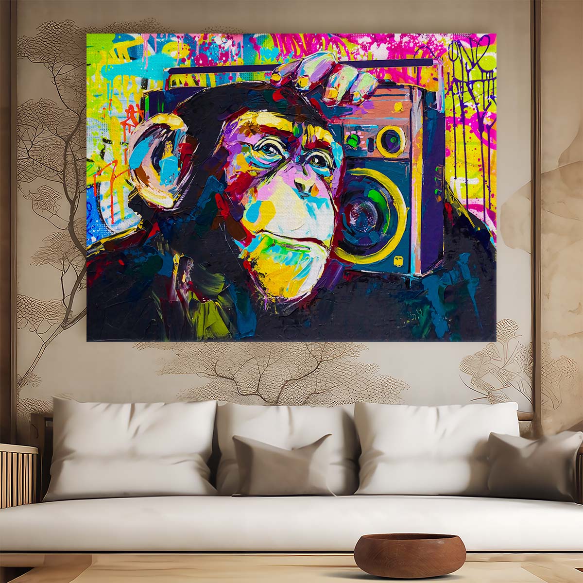 Banksy DJ Monkey Listening to Music Graffiti Wall Art by Luxuriance Designs. Made in USA.