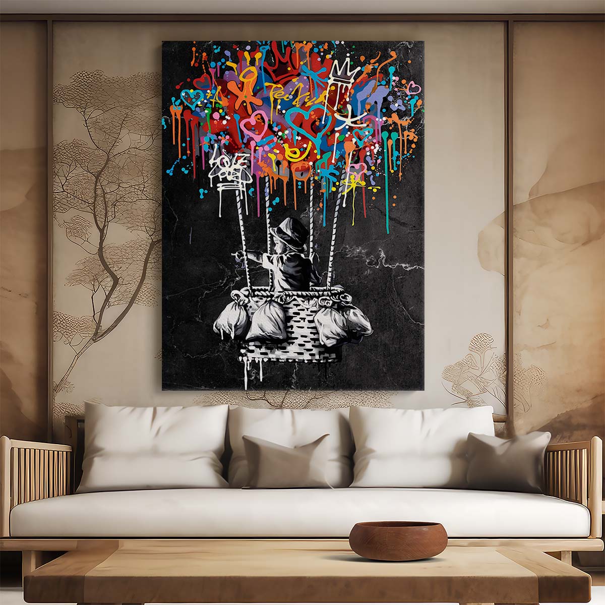 Banksy Hot Air Balloon Boy Graffiti Wall Art by Luxuriance Designs. Made in USA.