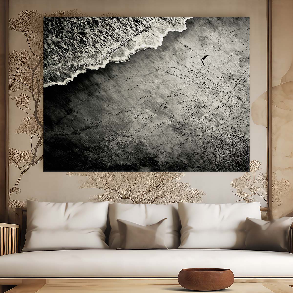 Solitary Figure on Monochrome Beachscape Wall Art by Luxuriance Designs. Made in USA.