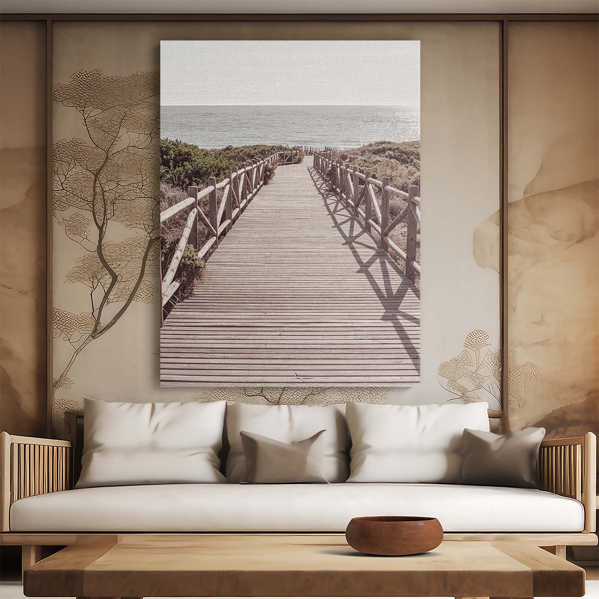 Coastal Landscape Photography Wooden Boardwalk Sea Perspective Artwork by Luxuriance Designs, made in USA