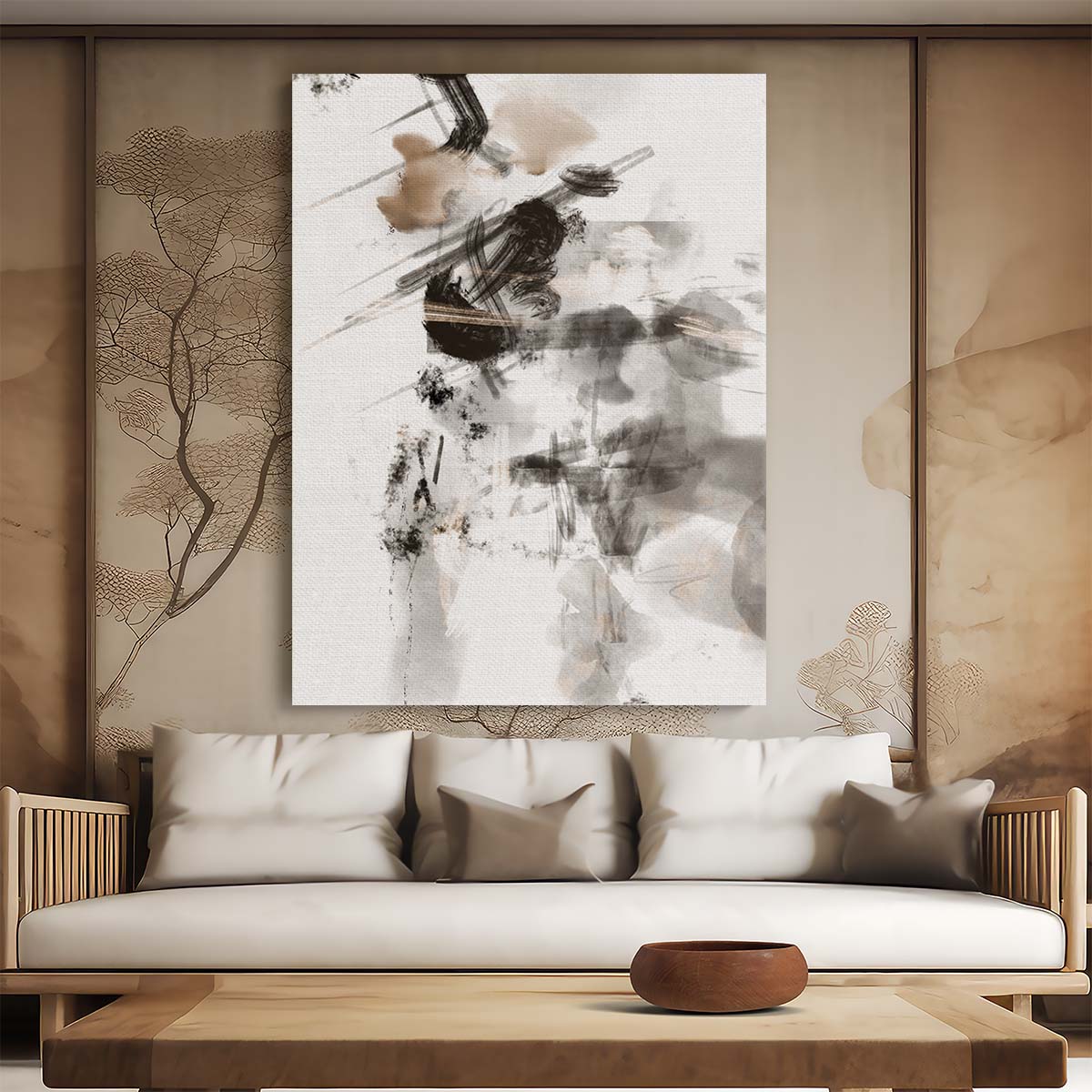 Abstract Geometric Illustration Beige Black Color Splash Painting by Luxuriance Designs, made in USA