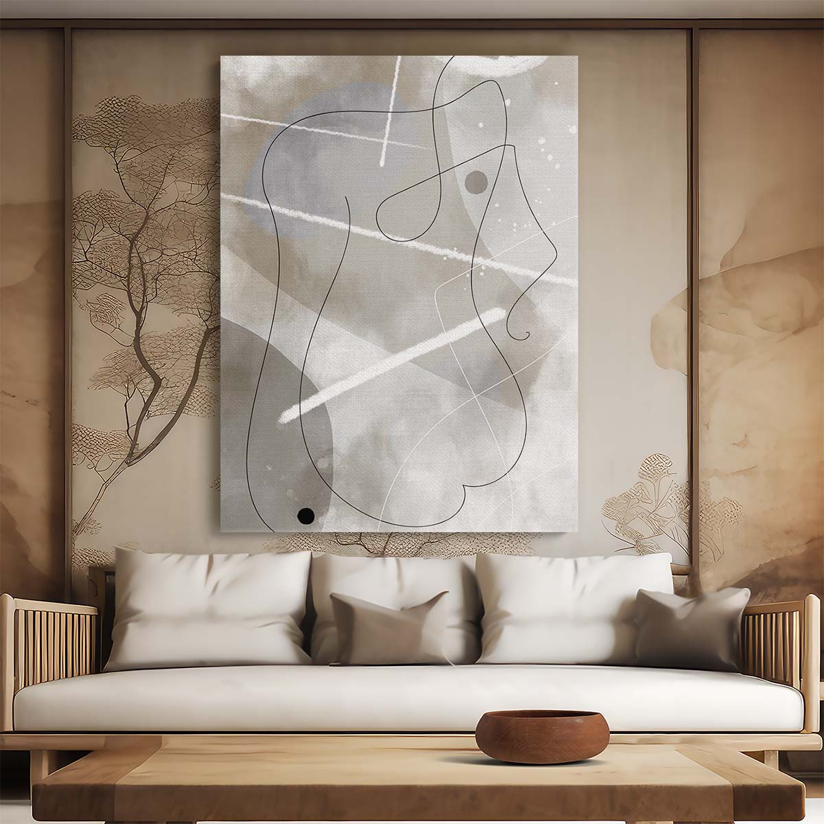 Abstract Line Art Illustration - Geometric Woman in Beige, Gray, Black by Luxuriance Designs, made in USA