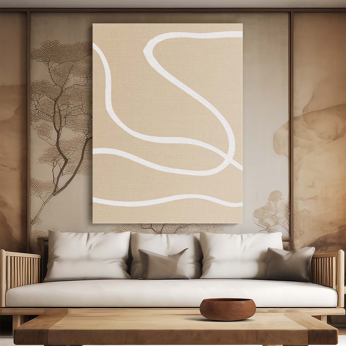 Minimalist Beige Line Art Illustration - Simple Abstract Minimalism by Luxuriance Designs, made in USA