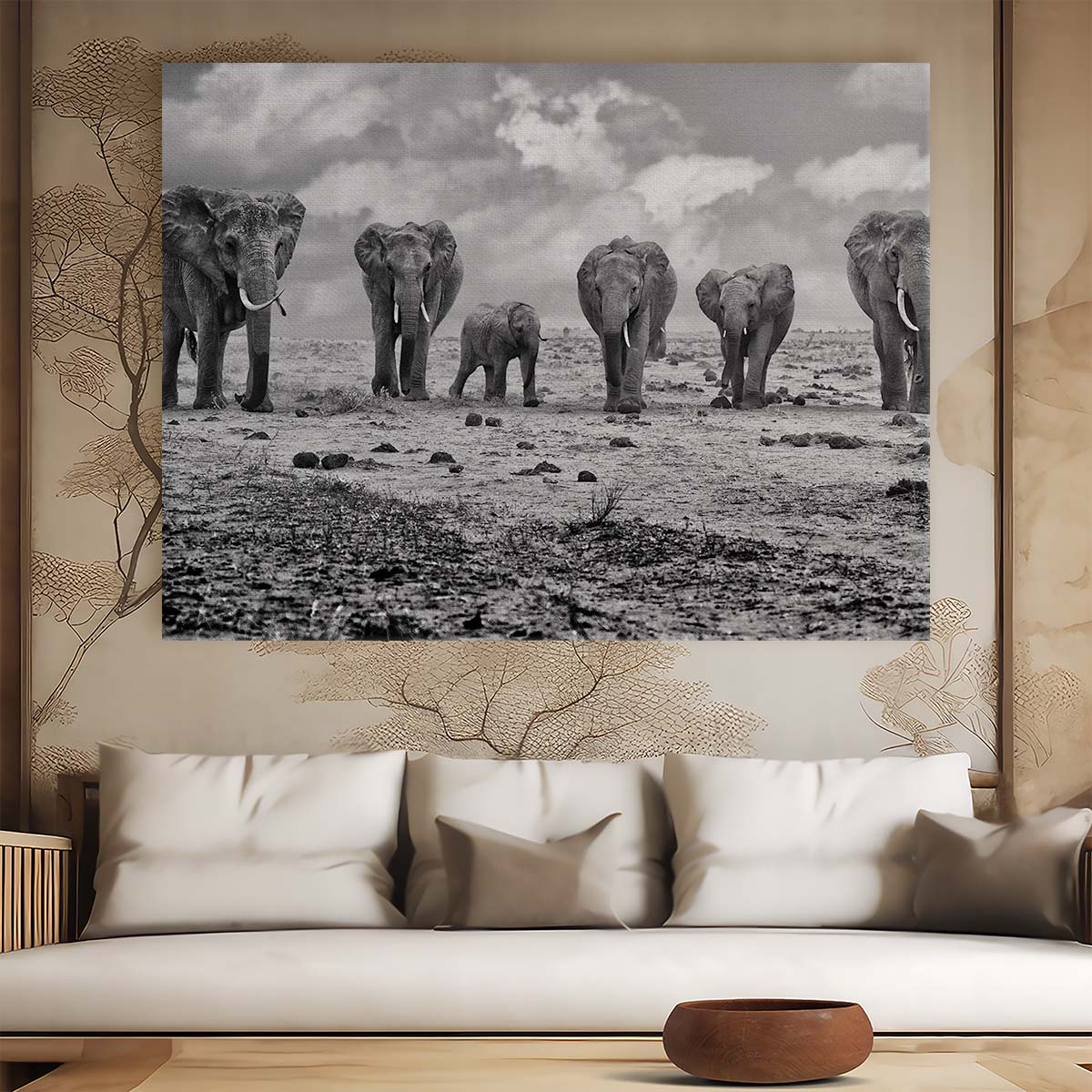 Majestic Elephant Family Safari Monochrome Wall Art by Luxuriance Designs. Made in USA.