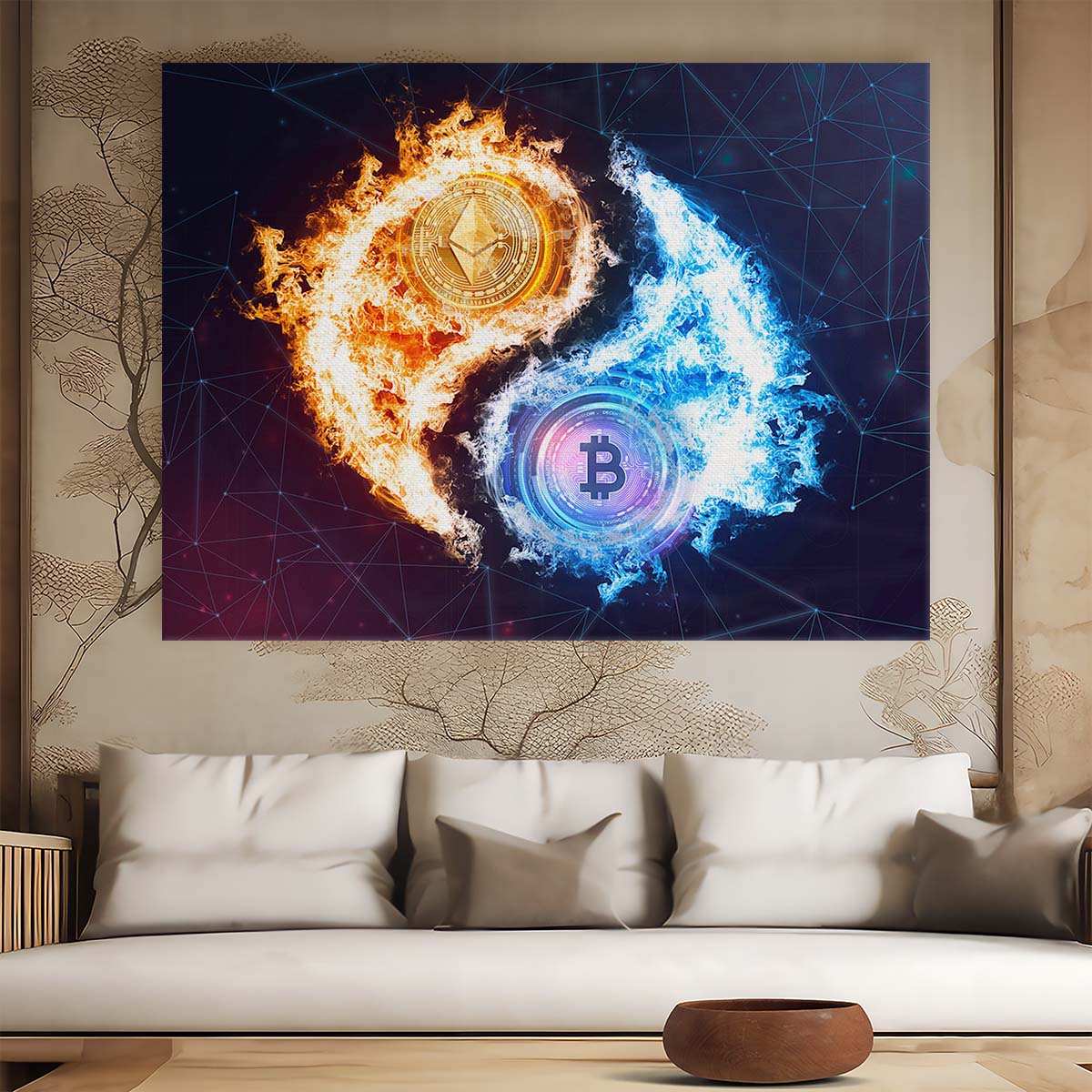 Bitcoin and Ethereum Yin-Yang Wall Art by Luxuriance Designs. Made in USA.