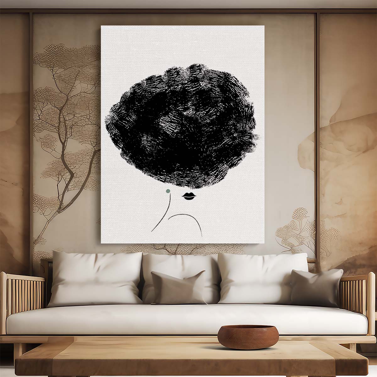 Monochrome Illustration of Anonymous Woman Figurative Black Lips & Hair Art by Luxuriance Designs, made in USA