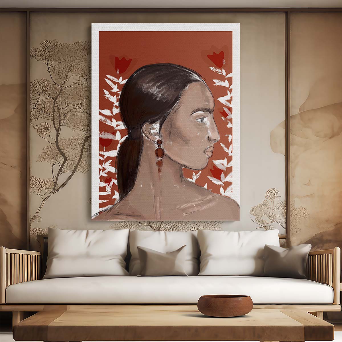 Treechild's Brown Sienna Woman Profile Illustration with Painted Earrings by Luxuriance Designs, made in USA