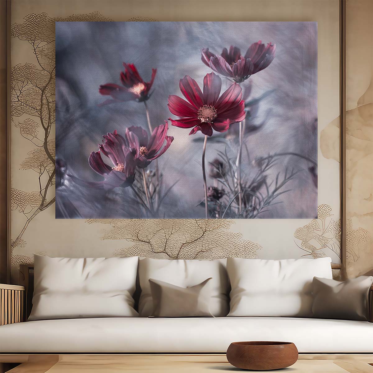 Passionate Red Cosmos Blossoms Macro Floral Wall Art by Luxuriance Designs. Made in USA.